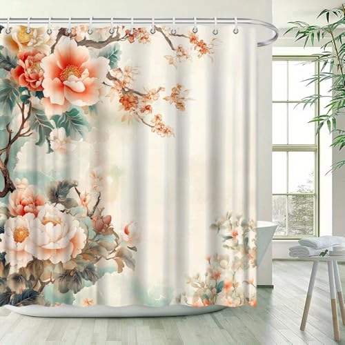 AJALGZ Duschvorhang im Vintage-Stil mit zarten rosa Pfingstrosen, sanftem Pastell-Blumenmuster, romantischer Szene, Badewannen-Badevorhang (137 x 203 cm/extra Langer Duschvorhang) von AJALGZ