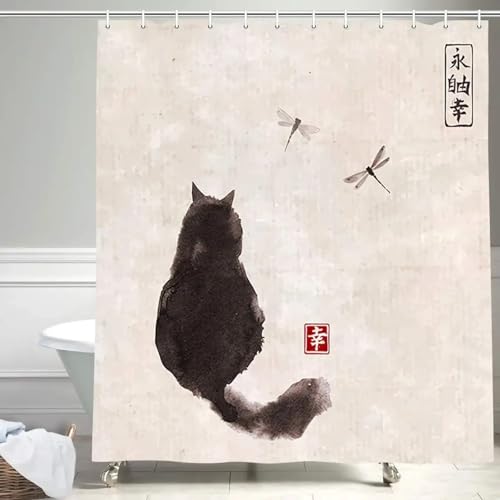 AJALGZ Duschvorhang im asiatischen Stil mit traditioneller Tuschmalerei, Schwarze Katze beobachtet Libellen, Badezimmervorhänge aus Vintage-Stoff, 100 x 150 cm (B x L) von AJALGZ