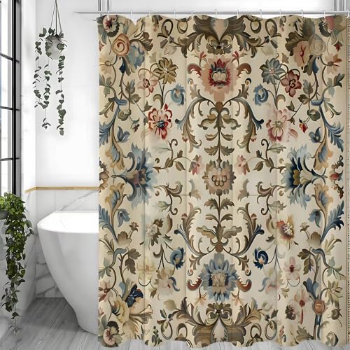 AJALGZ Duschvorhang im natürlichen Stil mit europäischen Blumenmustern, Bunte Blumen auf Khaki, Badezimmerdekor, Badevorhänge mit Haken (125 x 160 cm/Badezimmervorhang) von AJALGZ