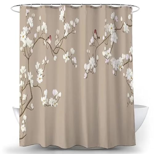 AJALGZ Duschvorhang mit Blumen und Vögeln, Khaki, dekorativer 3D-Druck, Stoff, Badezimmervorhänge mit Haken (200 x 160 cm/extra Langer Duschvorhang) von AJALGZ