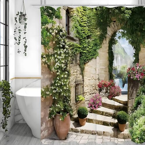 AJALGZ Duschvorhang mit Italienischer Straßenlandschaft, Blumen und Efeu im Topf, für Badezimmer, dekorativ, wasserdicht, Badewannenabdeckung (105 x 220 cm/Duschvorhang für Nassräume) von AJALGZ