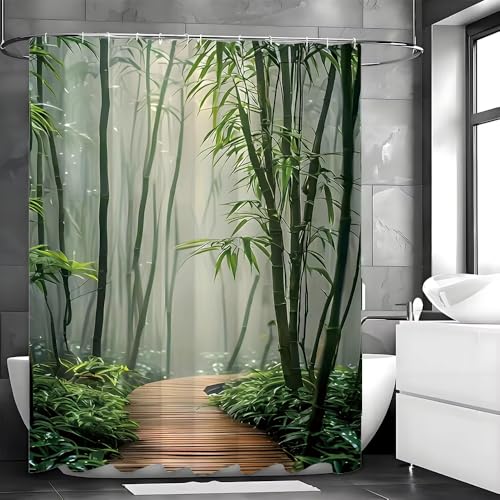 AJALGZ Duschvorhang mit ruhigem Bambuspfad, natürlicher, japanischer, asiatischer Badezimmerstoff, Badevorhänge mit Haken (120 x 170 cm/wasserdichte Duschvorhänge) von AJALGZ
