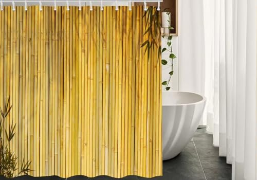 AJALGZ Gelbe Bambus-Badezimmervorhänge, chinesischer und japanischer Stil, gestreift, botanisches Holz, Duschvorhänge (137 x 198 cm/Langer Duschvorhang) von AJALGZ