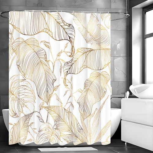 AJALGZ Golden Leaf Duschvorhang, Badezimmer Dekorative wasserdichte Badewanne Badeabdeckung mit Haken (135x200cm/Extra Langer Duschvorhang) von AJALGZ