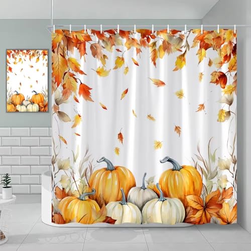 AJALGZ Herbst-Duschvorhang, Herbstkürbis, Bauernhaus, Ahornblatt, Badezimmer, dekorative Duschvorhänge (120 x 160 cm/Stoff-Duschvorhang) von AJALGZ