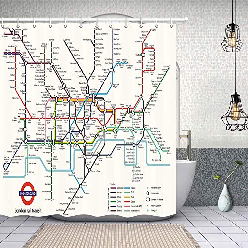 AJALGZ Kartendekor, Stadt-U-Bahn-Muster, Badevorhang, Polyestergewebe, wasserdicht, Karten-Duschvorhang-Sets mit Haken (230 x 210 cm/schimmelfreier Duschvorhang) von AJALGZ