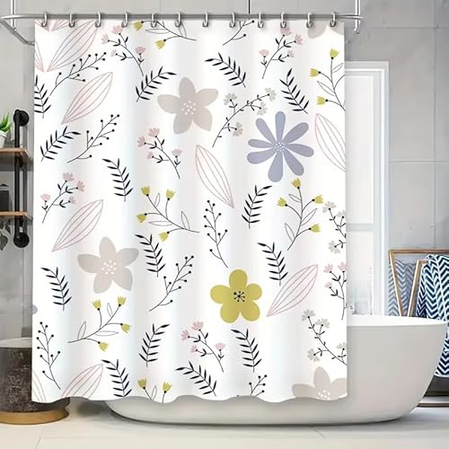 AJALGZ Modernes Duschvorhang-Set mit Blumenmuster, wasserdichter Stoff, Badevorhänge mit Hakenringen für Badezimmerdekoration (145 x 213 cm/schimmelfester Duschvorhang) von AJALGZ
