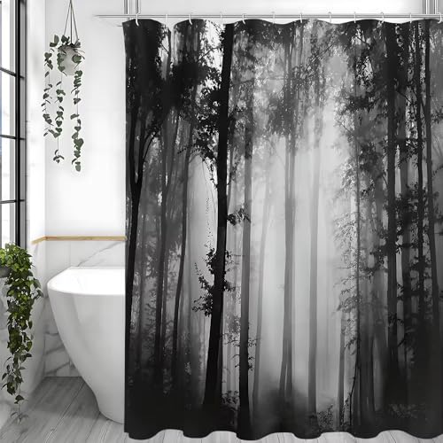 AJALGZ Schwarzer, nebliger Wald, dekorativer Duschvorhang für das Badezimmer, wasserdicht, schwarz-weiß, mit Haken (190 x 155 cm/Anti-Schimmel-Duschvorhang) von AJALGZ