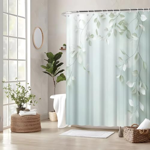 AJALGZ Serenity Duschvorhang aus Polyester, hellgrünes Blättermuster, maschinenwaschbarer Stoff-Badezimmervorhang (130 x 185 cm/Badezimmer-Duschvorhang) von AJALGZ