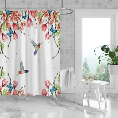 AJALGZ Spring Floral Hummingbird Shower Curtain for Bathroom Watercolor Flowers Birds Fabric Bath Curtains Modern Art Decor 150x160cm(WxL) -160cm-Length von AJALGZ