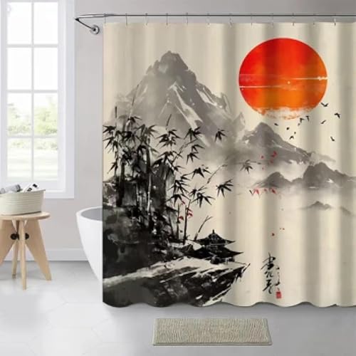 AJALGZ Wasserdichter Duschvorhang aus Polyestergewebe im japanischen Stil mit Wellenlandschaft und 3D-Druck, Badezimmerdekor, Duschvorhänge 90 x 210 cm (B x L) – 210 cm Länge von AJALGZ
