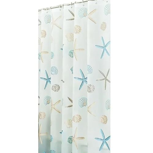 AJALGZ Wasserdichter Duschvorhang mit Seestern-Ozean-Motiv und Haken, weißer Stoff, Badevorhänge (90 x 215 cm/extra Langer Duschvorhang) von AJALGZ