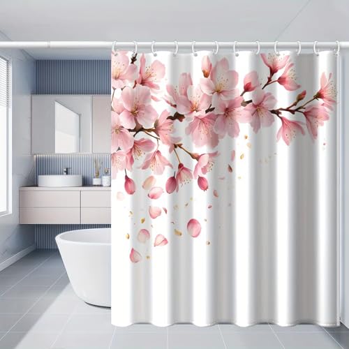 AJALGZ x Duschvorhang mit weißem Hintergrund und Blumenzweigmuster, Bedruckt, mit Haken, einfache Badewannenabdeckung (165 x 240 cm/Boho-Duschvorhang) von AJALGZ
