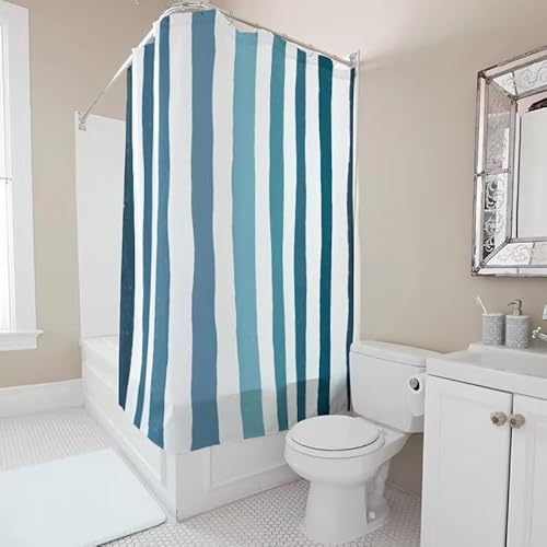Blau gestreiftes Duschvorhang-Set mit weißem Akzent, Moderne Badezimmerdekoration für die Badezimmerdekoration zu Hause (165 x 183 cm/Anti-Schimmel-Duschvorhang) von AJALGZ