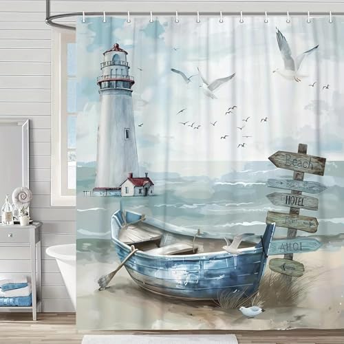 Maritimer Duschvorhang mit Küstenmotiv, Blauer Ozean, Leuchtturm- und Segelboot-Design, blaugrüne Badewannenabtrennung mit Haken (183 x 210 cm/Duschvorhang gegen Schimmel) von AJALGZ