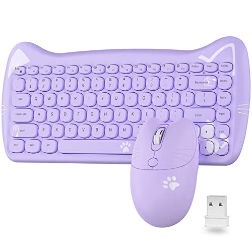 A3060 Violett Retro Tastatur Maus Set Kabellos Katze - Schreibmaschine 84 Tasten pop Kawaii Runde Jelly Tastatur - Kleine ästhetische Purple Maus Elektrisch für Mac Computer PC (Lila) von AJAZZ