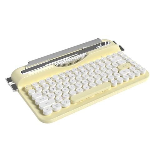 AJAZZ AF84 Kabellose Schreibmaschinentastatur, Süßes Retro-Design mit Integriertem Ständer, Runde Retro-Tastenkappen, 2,4GHz Kabellos/Bluetooth für Tablet/PC/Mac (Gelb) von AJAZZ