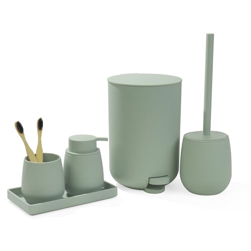 AJEUNGAIN Badset Badezimmer Set Grün, Modern Badausstattung Sets Organizer, Bad Set Mülleimer Klobürste Seifenspender und Zahnputzbecher Tablett (Grün-5 Teiliges) von AJEUNGAIN