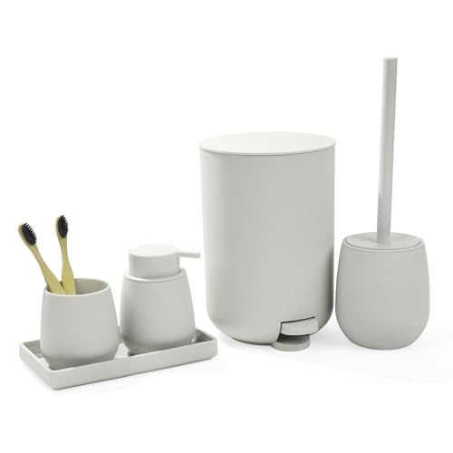 AJEUNGAIN Modern Badset Badezimmer Set Beige, Deko Badausstattung Sets Organizer, Bad Set Mülleimer Klobürste Seifenspender und Zahnputzbecher Tablett, 5 Teiliges von AJEUNGAIN