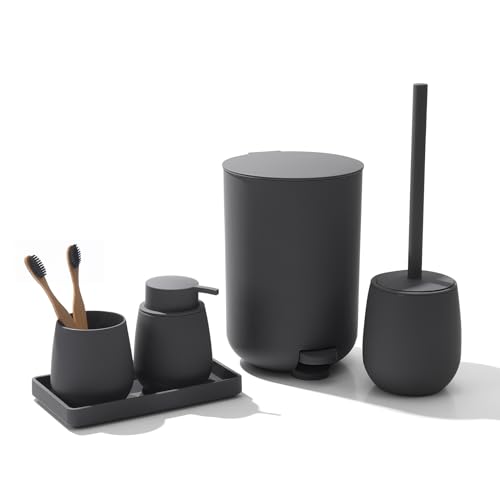AJEUNGAIN Badset Badezimmer Set Grau, Modern Badausstattung Sets Organizer, Bad Set Mülleimer Klobürste Seifenspender und Zahnputzbecher Tablett (Grau-5 Teiliges) von AJEUNGAIN