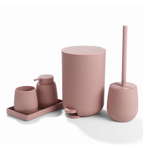 AJEUNGAIN Modern Badset Badezimmer Set Rosa, Deko Badausstattung Sets Organizer, Bad Set Mülleimer Klobürste Seifenspender und Zahnputzbecher Tablett (Rosa, 5 Teiliges) von AJEUNGAIN