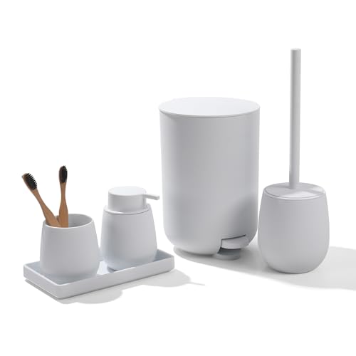 AJEUNGAIN Modern Badset Badezimmer Set Weiß, Deko Badausstattung Sets Organizer, Bad Set Mülleimer Klobürste Seifenspender und Zahnputzbecher Tablett (Weiß, 5 Teiliges) von AJEUNGAIN