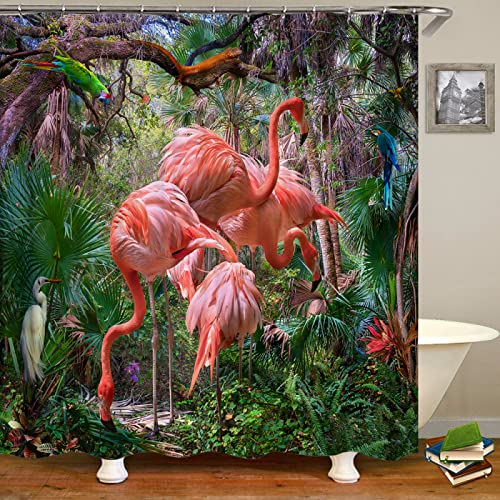 Duschvorhang GrüNer Flamingo Polyester duschvorhänge Hochwertige Duschvorhänge Textil Wasserdicht Shower Curtains Waschbar Badvorhang mit Duschvorhängeringen ,120x180 cm von AJIGEN