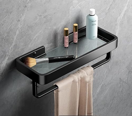 AJINGELA An der Wand montiert Schwimmend Metall Glas Lagerregal,Schwarz Badezimmer Regal Platzeinsparung Rostfest Extra Stark Schwimmend Lagerregal Mit Bar(50CM) von AJINGELA