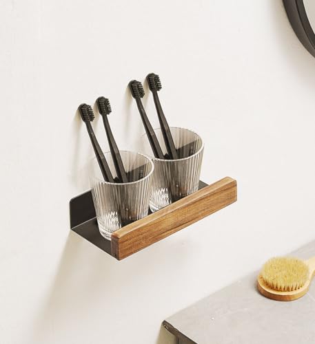 An der Wand montiert Schwimmend Metallregal Ledge,Schwarz Badezimmer Regal Wandhalterung Regal dekorieren mit Massivholz Kanten Platzeinsparung Rostfest Extra stark Schwebende Regale Lagerregal(20CM) von AJINGELA