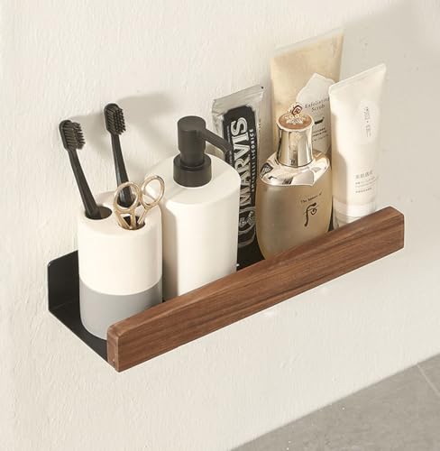 An der Wand montiert Schwimmend Metallregal Ledge,Schwarz Badezimmer Regal Wandhalterung Regal dekorieren mit Massivholz Kanten Platzeinsparung Rostfest Extra stark Schwebende Regale Lagerregal(30CM) von AJINGELA