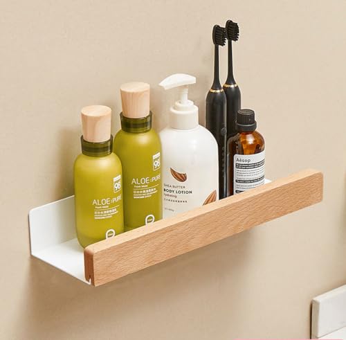 An der Wand montiert Schwimmend Metallregal Ledge,Weiß Badezimmer Regal Wandhalterung Regal dekorieren mit Massivholz Kanten Platzeinsparung Rostfest Extra stark Schwebende Regale Lagerregal(30CM) von AJINGELA