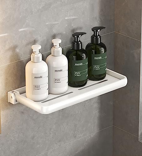 AJINGELA Faltbar An der Wand montiert Schwimmend Metall Regal, Keine Bohrungen Badezimmer Regal Platzeinsparung Rostfest Extra stark Schwimmend Regale Aufbewahrungsregal(Weiß 30CM) von AJINGELA