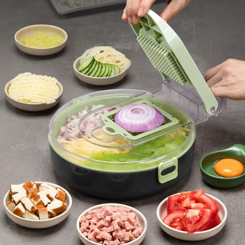 Gemüseschneider,9 in 1 Küche Food Chopper Multifunktional Gemüseschneider Veg Zwiebel Würfel Salatschneider Kartoffelschneiderei Eigelbtrenner mit Große Kapazität Doppelschicht Entwässerungskorb von AJINGELA