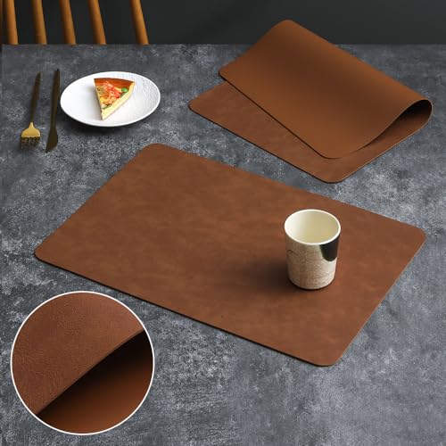 Platzsets,PU Leder Tischmatten Hitzebeständig Platzhalter Rechteck rutschfest Wischbar Waschbar Restaurant Platzsets(4er Set,Braun) von AJINGELA