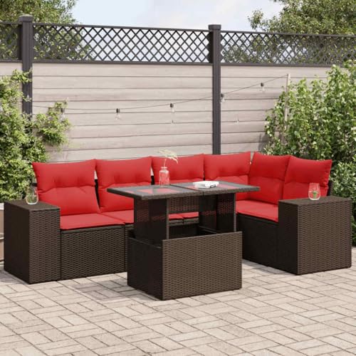 AJJHUUKI 6-teiliges Gartensofa-Set mit Kissen, braunes Polyrattan-Akazien-Möbel, Outdoor-Möbel, Gartenmöbel-Sets von AJJHUUKI
