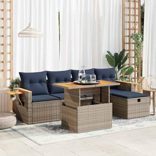 AJJHUUKI 6-teiliges Gartensofa-Set mit Kissen, graues Polyrattan-Akazien-Möbel, Outdoor-Möbel, Gartenmöbel-Sets von AJJHUUKI