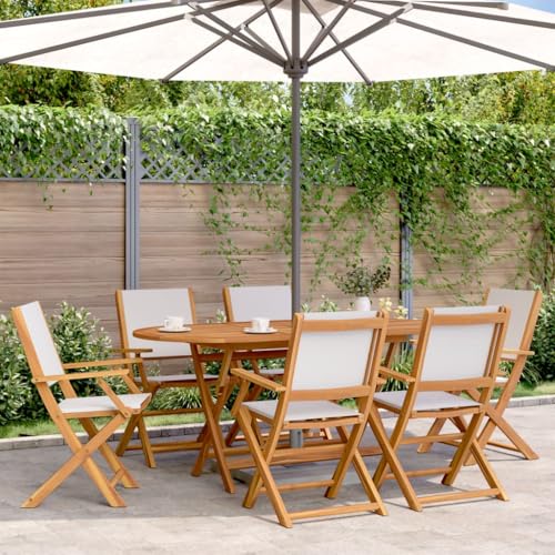 AJJHUUKI 7-teiliges Garten-Esszimmer-Set, cremeweißer Stoff und Massivholz-Möbel, Outdoor-Möbel, Gartenmöbel-Sets von AJJHUUKI