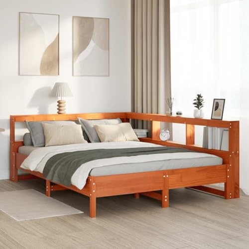 AJJHUUKI Bücherregal Bett ohne Matratze Wachs braun 140x200 cm Massivholz Kiefer Möbel Betten & Zubehör Betten & Bettrahmen von AJJHUUKI