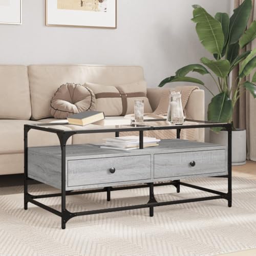 AJJHUUKI Couchtisch mit Glasplatte, Grau, Sonoma, 98,5 x 50 x 45 cm, Stahl-Möbel, Tische, Akzenttische, Couchtische von AJJHUUKI
