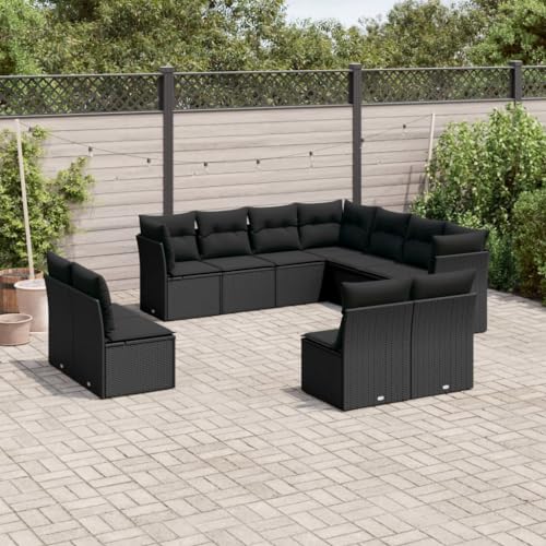 AJJHUUKI Home Outdoor Others11-teiliges Gartensofa-Set mit Kissen, schwarzes Polyrattan von AJJHUUKI