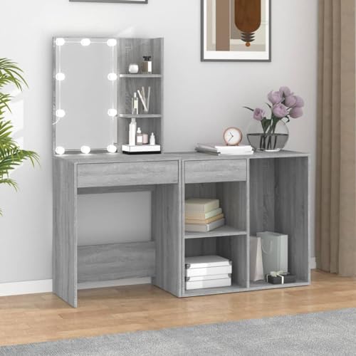 AJJHUUKI LED-Schminktisch mit Schrank, Grau, Sonoma, Holz-Möbel, Schränke und Aufbewahrung, Waschtische, Schlafzimmer-Schminktische von AJJHUUKI