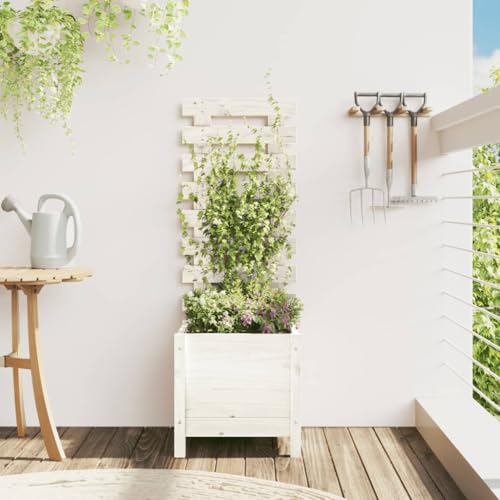 AJJHUUKI Lawn & Garden-Gardening-Töpfe & Pflanzgefäße, Pflanzgefäß mit Gestell, Weiß, 39 x 39,5 x 114 cm, Massivholz, Kiefer von AJJHUUKI