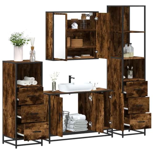 AJJHUUKI Möbel-Sets, Badezimmermöbel-Set, 4-teiliges Badezimmermöbel-Set, geräucherte Eiche, Holzwerkstoff von AJJHUUKI