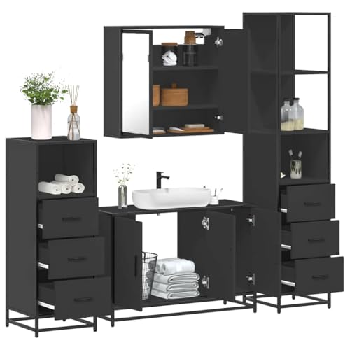 AJJHUUKI Möbel-Sets, Badezimmermöbel-Set, 4-teiliges Badezimmermöbel-Set, schwarzes Holzwerkstoff von AJJHUUKI