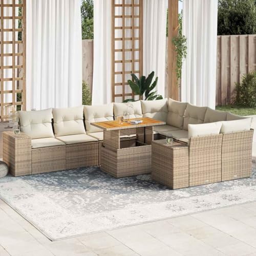 AJJHUUKI Outdoor-Möbel-Sets - 10-teiliges Gartensofa-Set mit Kissen, Beige, Polyrattan-Akazie von AJJHUUKI