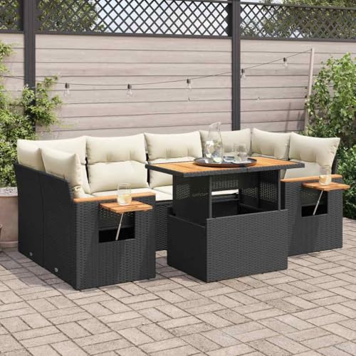 AJJHUUKI Outdoor Möbel Sets - 7-teiliges Gartensofa-Set mit Kissen schwarz Poly Rattan Akazie von AJJHUUKI