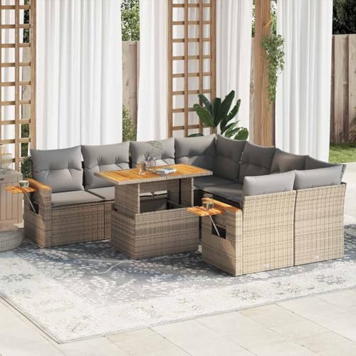 AJJHUUKI Outdoor Möbel Sets - 9-teiliges Gartensofa-Set mit Kissen Beige Poly Rattan Akazie von AJJHUUKI