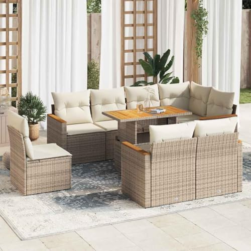 AJJHUUKI Outdoor Möbel Sets - 9-teiliges Gartensofa-Set mit Kissen Beige Poly Rattan Akazie von AJJHUUKI