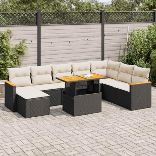 AJJHUUKI Outdoor Möbel Sets - 9-teiliges Gartensofa-Set mit Kissen schwarz Poly Rattan Akazie von AJJHUUKI