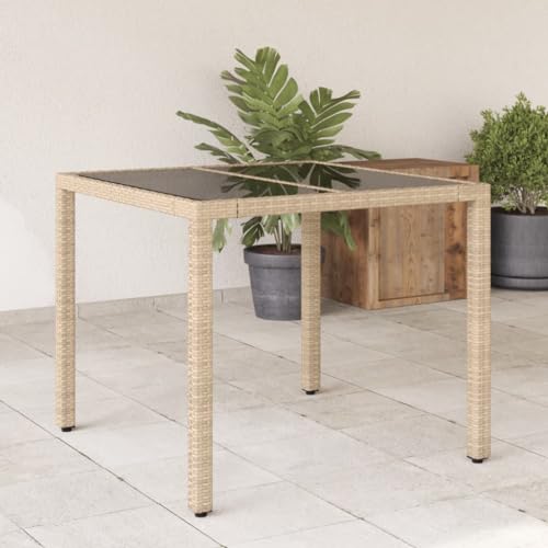 AJJHUUKI Outdoor Tisch Gartentisch mit Glasplatte Beige 90x90x75cm Polyrattan von AJJHUUKI
